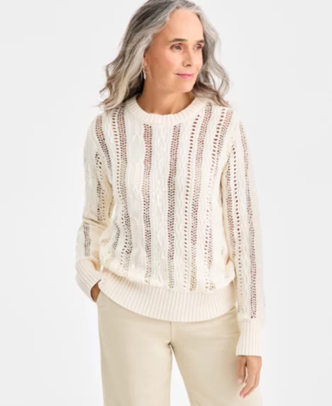 Petite Texture Shine Long-Sleeve Sweater - Eggnog