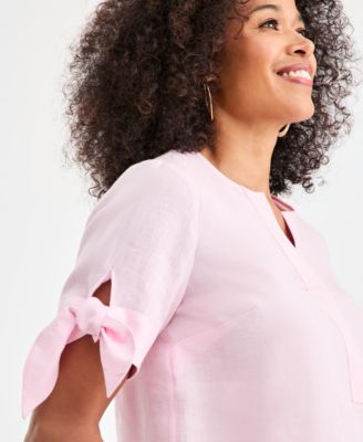 Women's 100% Linen Split-Neck Tie-Cuff Top, Created for Macy's