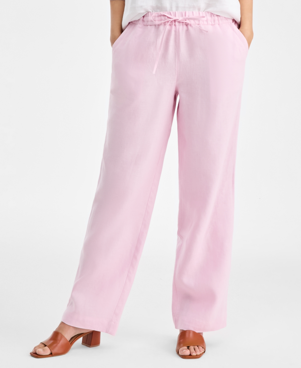 Charter Club Petite 100% Linen Drawstring Pants, Created For Macy's In Pink