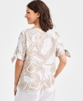 Women's 100% Linen Tile Tie-Cuff Split-Neck Top, Macy's Exclusive