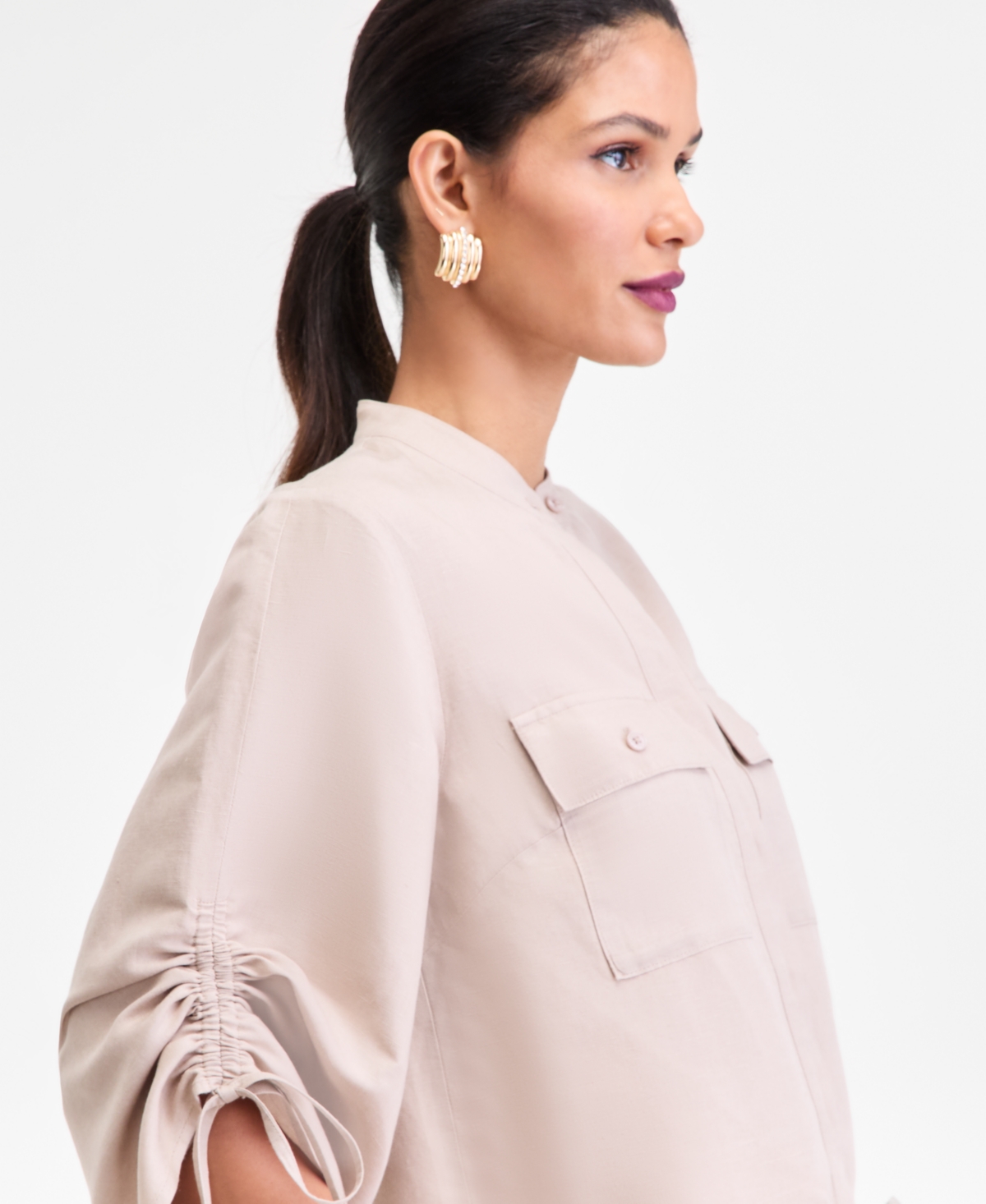 Inc International Concepts Women's Tie-sleeve Chambray Tie-waist Blouse, Macy's Exclusive In Neutral