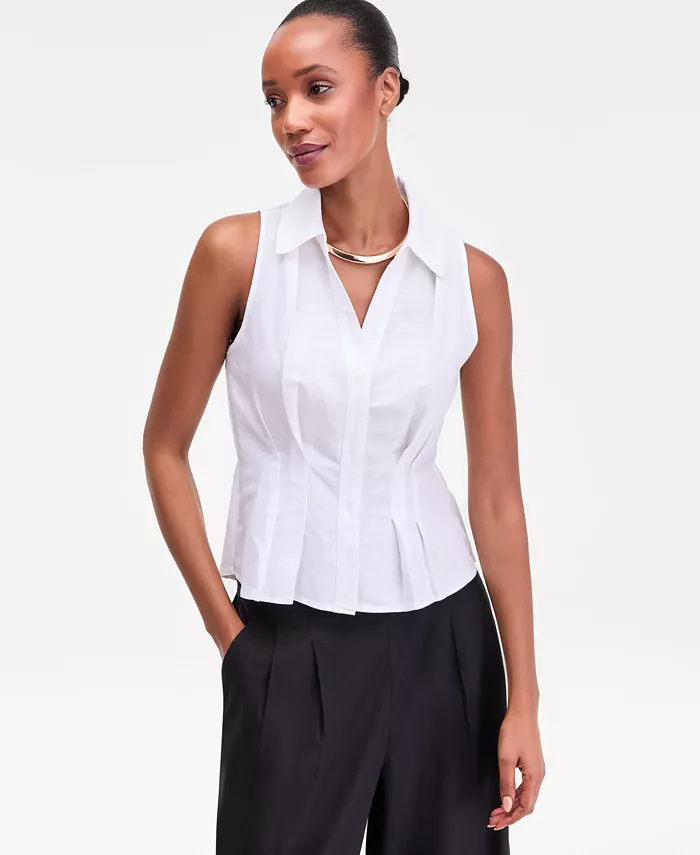 Women's Sleeveless Collared Linen Button-Down Shirt - thumbnail 5