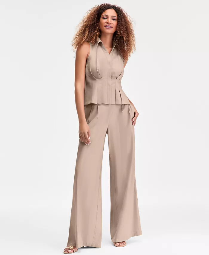 Women's Sleeveless Collared Linen Button-Down Shirt