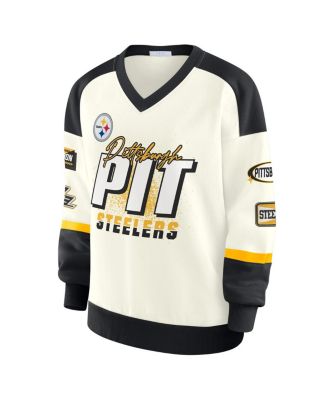 Women's Cream Pittsburgh Steelers Racing Crew V-Neck Sweatshirt