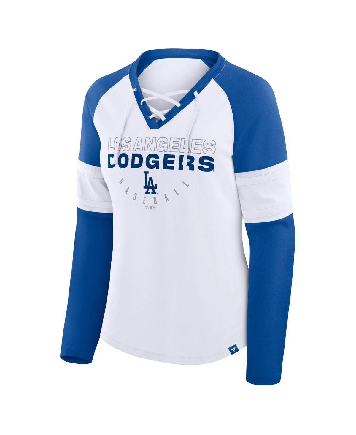 Fanatics Women's White/royal Los Angeles Dodgers Blitz Package Raglan Lace-up V-neck Long Sleeve T-shirt In Multi