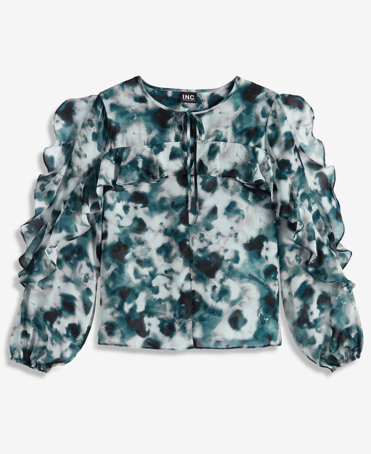 I.n.c. International Concepts Women's Printed Ruffle-Trim Split-Neck Blouse, Macy's Exclusive