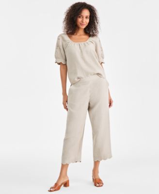 Women's 100% Linen Scalloped-Cuff Scoop-Neck Top, Macy's Exclusive
