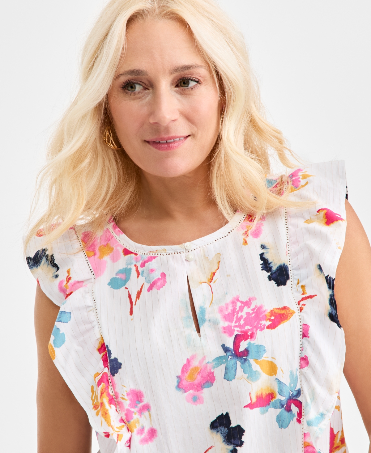 Style & Co Women's Floral-Print Metallic-Stripe Top, Macy's Exclusive