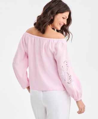 Women's 100% Linen Tile On-Off-Shoulder 3/4-Sleeve Top, Macy's Exclusive