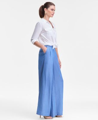 Women's Chambray Pull-On Wide-Leg Pants, Macy's Exclusive