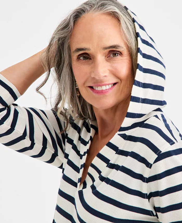 Women's Striped Waffle-Knit Pullover Hoodie - thumbnail 6