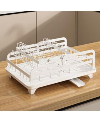 2-Tier Collapsible Multi-Functional Dish Drying Rack with Cutlery Box and Cup Holder