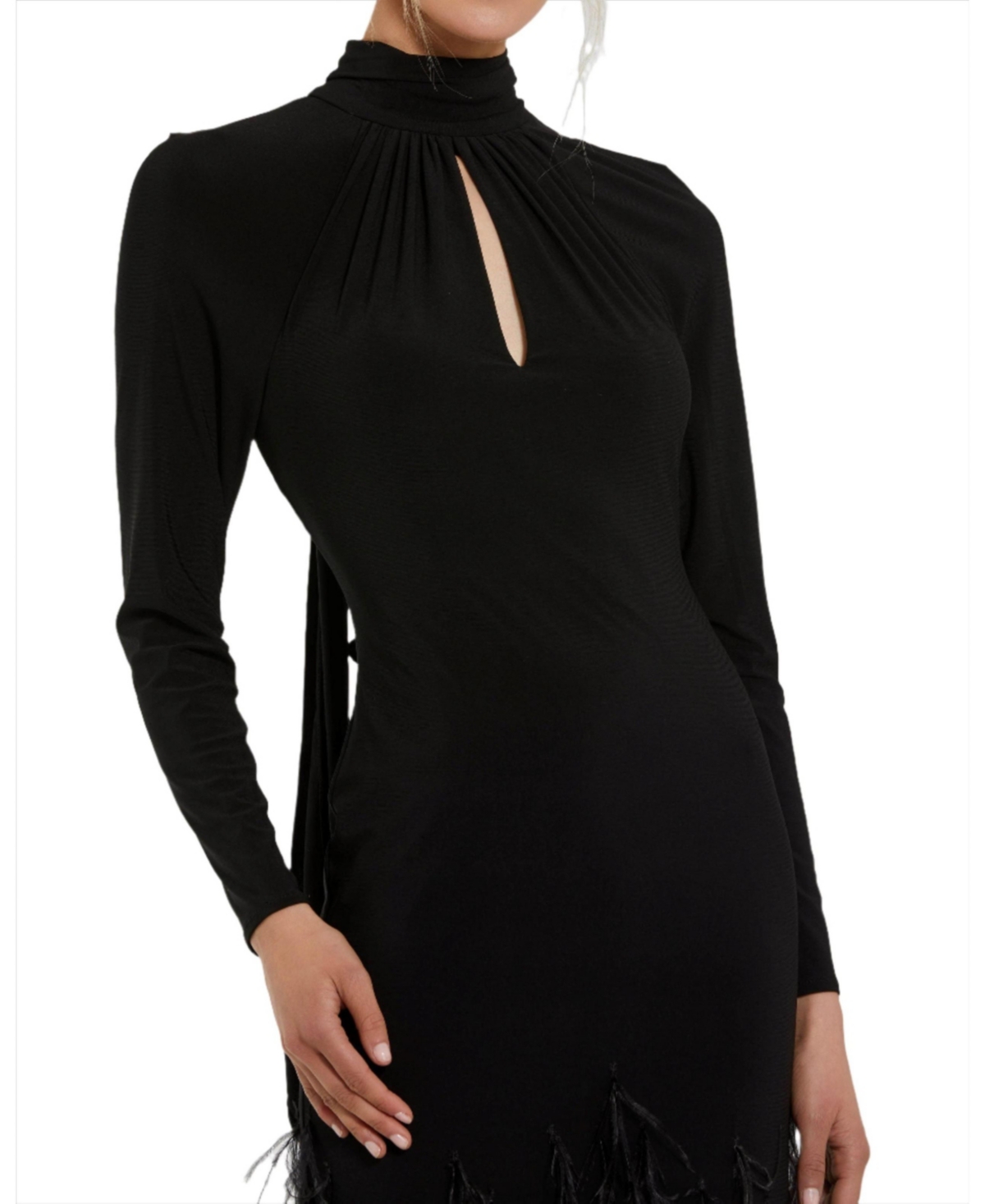 Mac Duggal Women's Jersey Long Sleeve High Neck Feather Gown