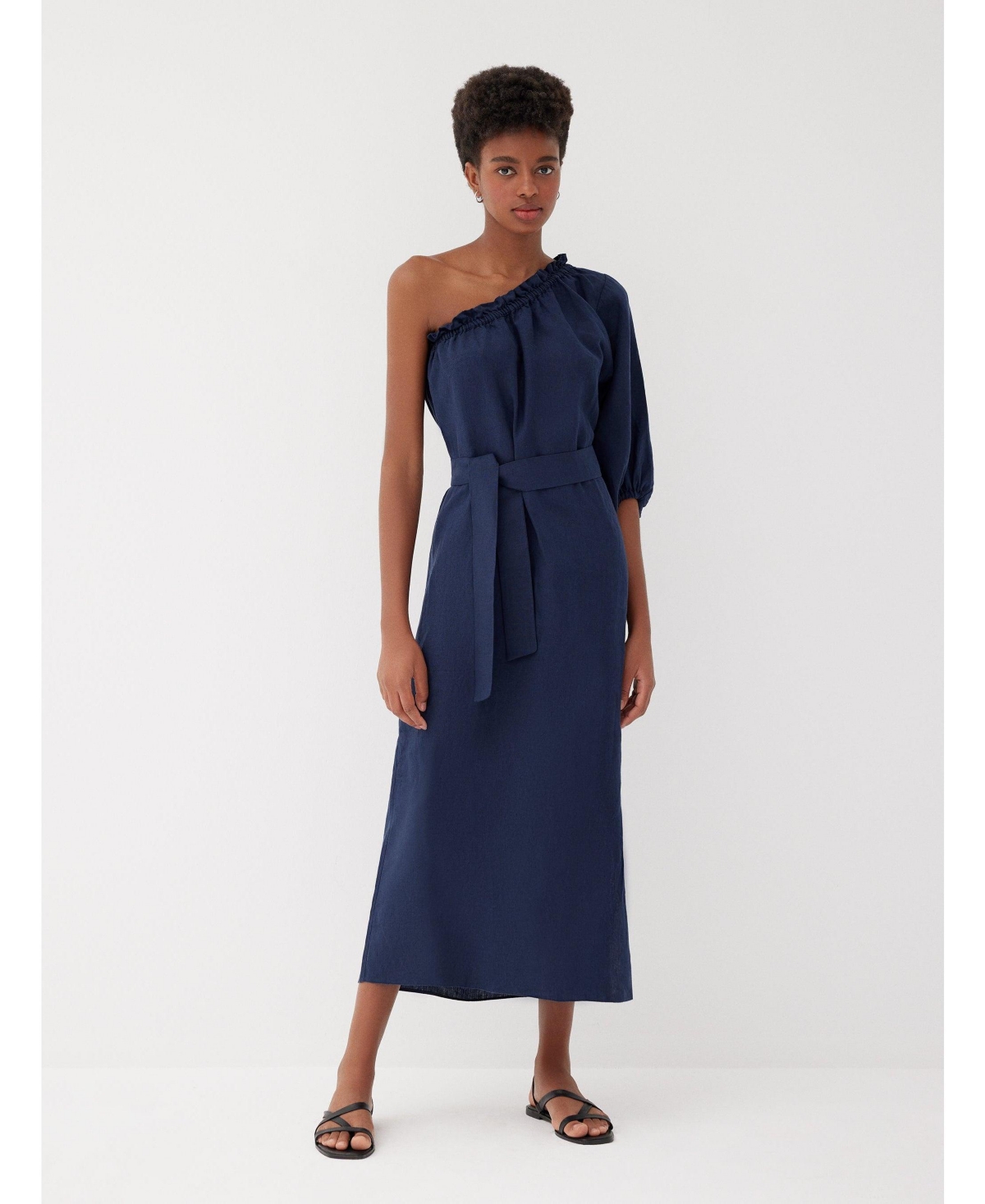 Labeca London Us Women's Sardinia Navy Linen One Shoulder Dress - m-l / Navy