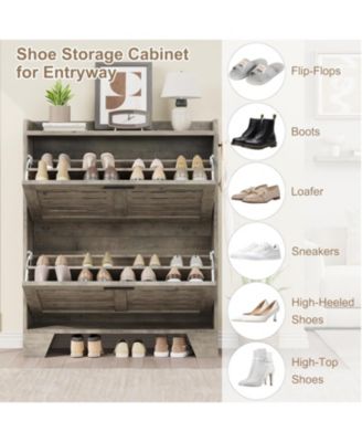 Shoe Storage Cabinet with 2 Flip Drawers, Narrow Shoe Cabinet for Entryway, Freestanding Hidden Slim Shoe Organizer Cabinet with Hooks, Gray