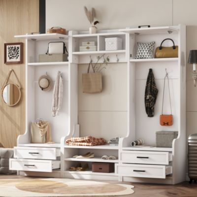 4-in-1 Detachable Hall Tree with Storage and 7 Hooks, Multiple Functions Hallway Coat Rack with Storage Drawers and Cabinet, Shoe Bench