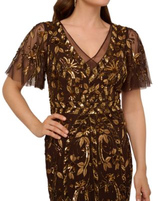Women's V-Neck Embellished Flutter-Sleeve Dress