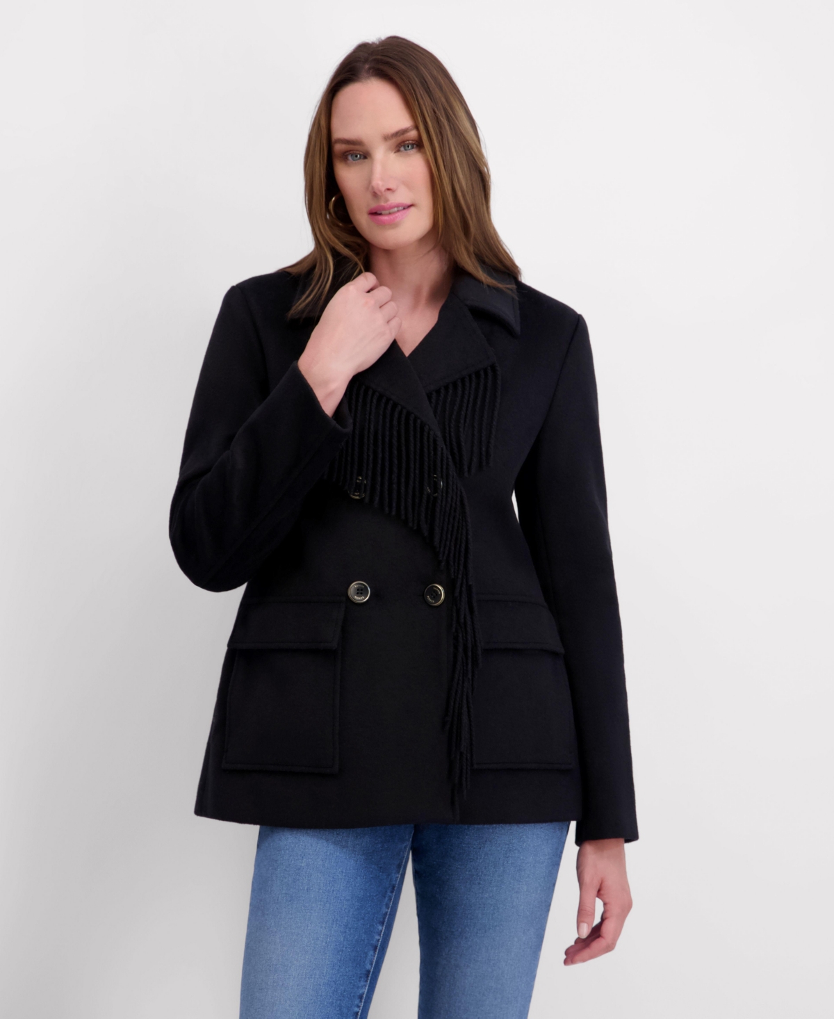 Kensie Women's Double Breasted Patch Pocket Faux Wool Jacket with Fringe