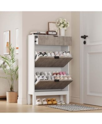 Shoe Storage Cabinet with 2 Flip Drawers,Entrance Wooden Shoe Rack with Iron Legs,Farmhouse Fluted Shoe Organizer for Entryway,Hallway,Foyer,Black+Oak