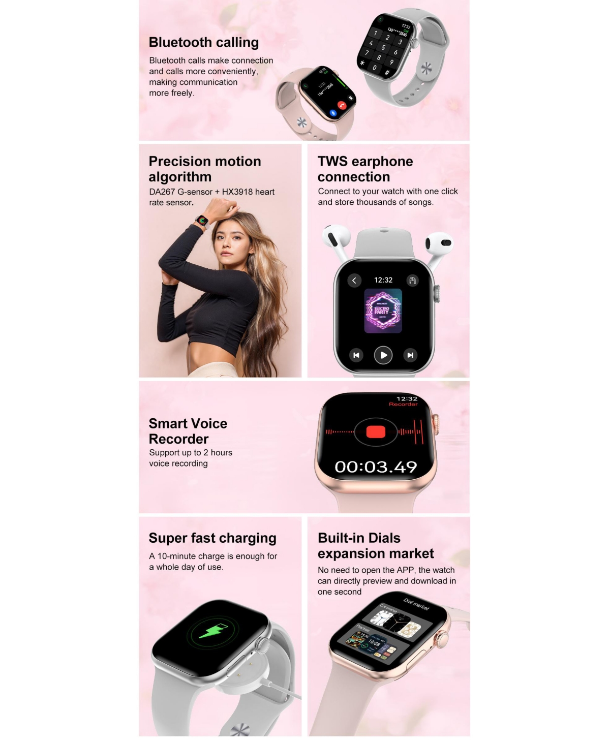 Ruxing Smart 1.85" Amoled Smart Watch With Bluetooth Calling, Health Monitoring,Sport Modes,4GB for Women Men -Pink
