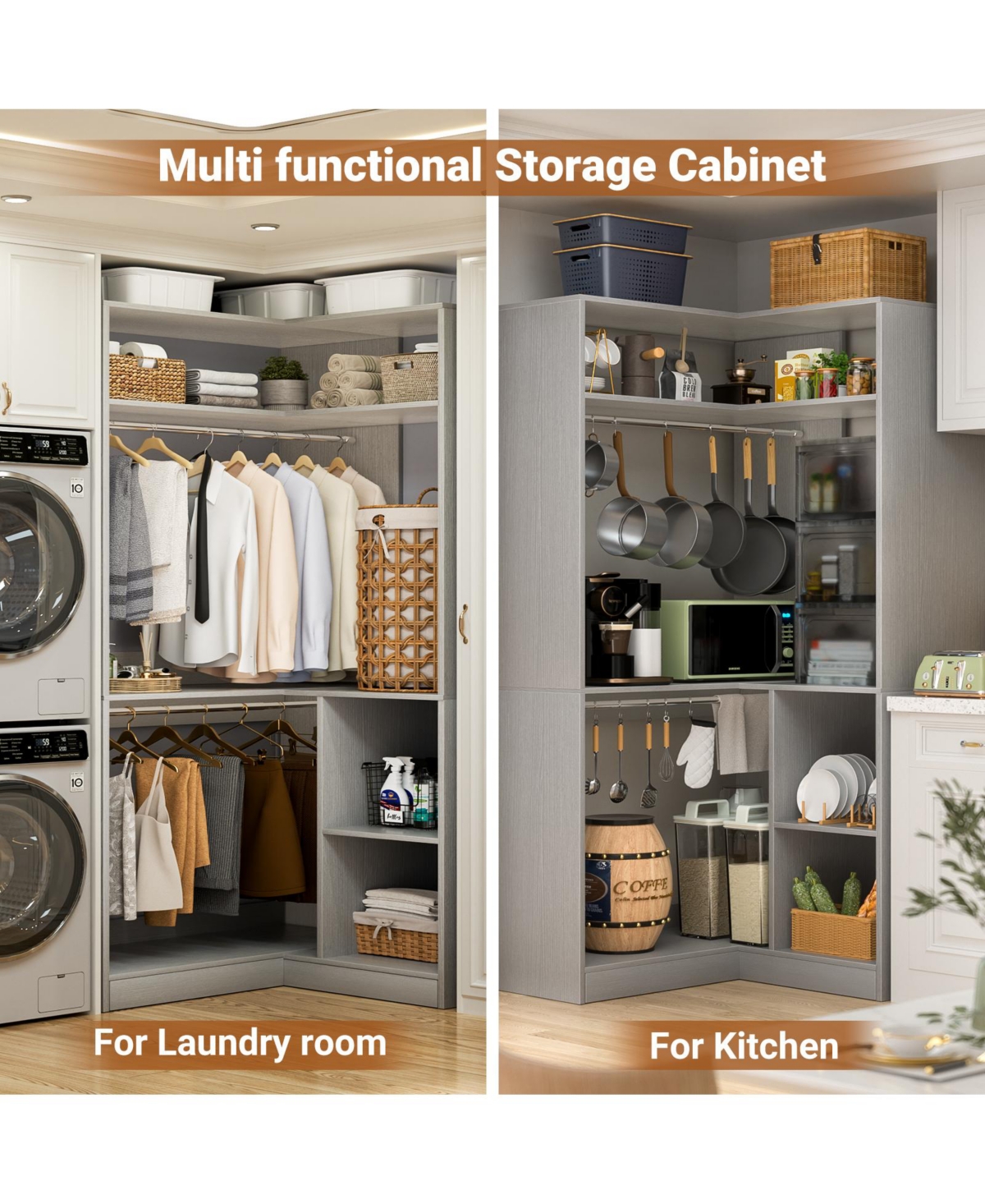 Freestanding Corner Closet Organizer, System with Hanging Rods and Storage Shelves