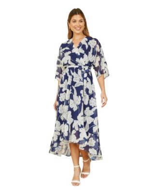 knee length dresses for ladies Yumi Black Foil Print Wrap Over Dip Hem Midi Dress main image 1
