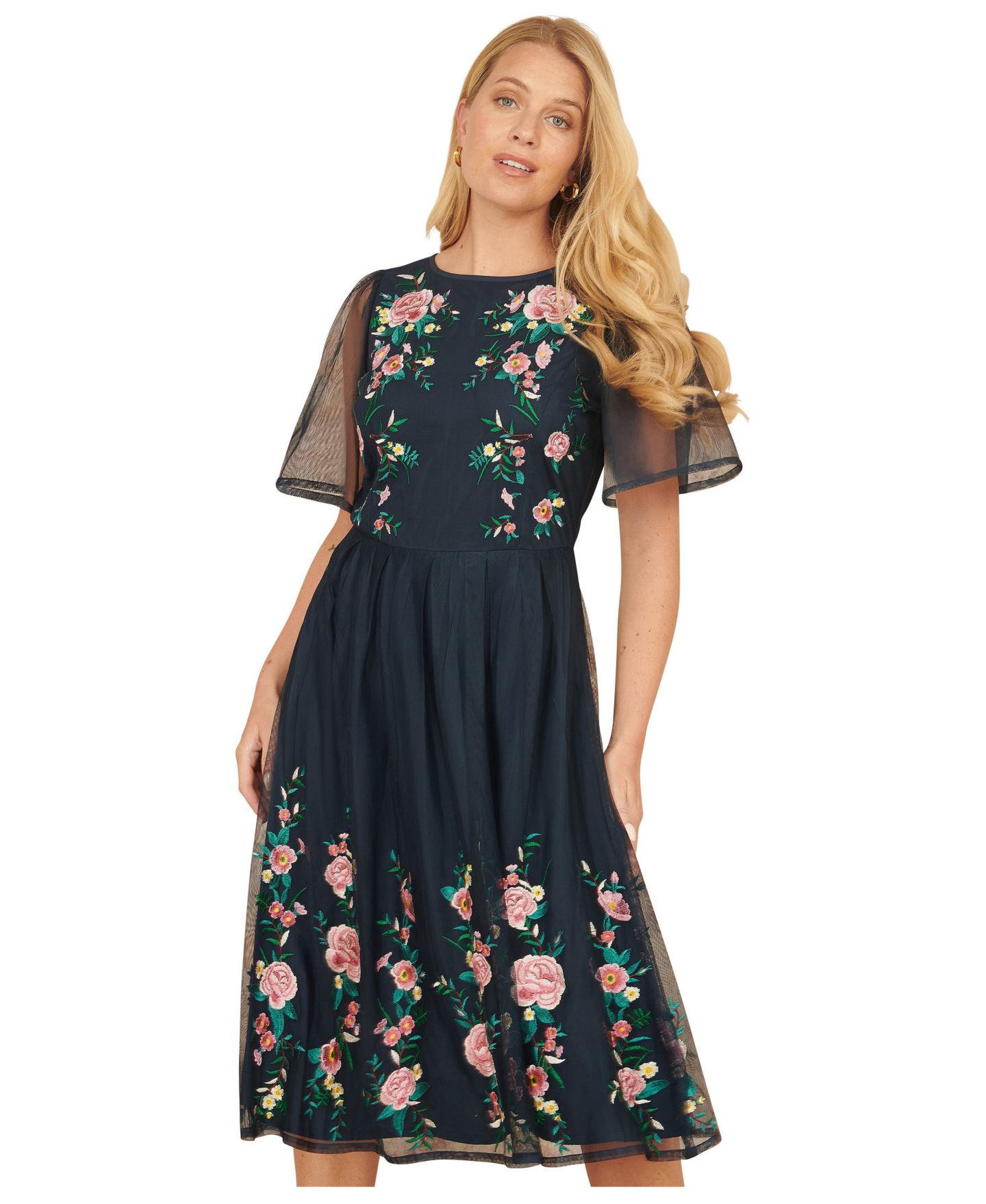 Женское платье Yumi Embroidered Mesh Sleeve Prom, цвет: Тёмно-синий — фото 2