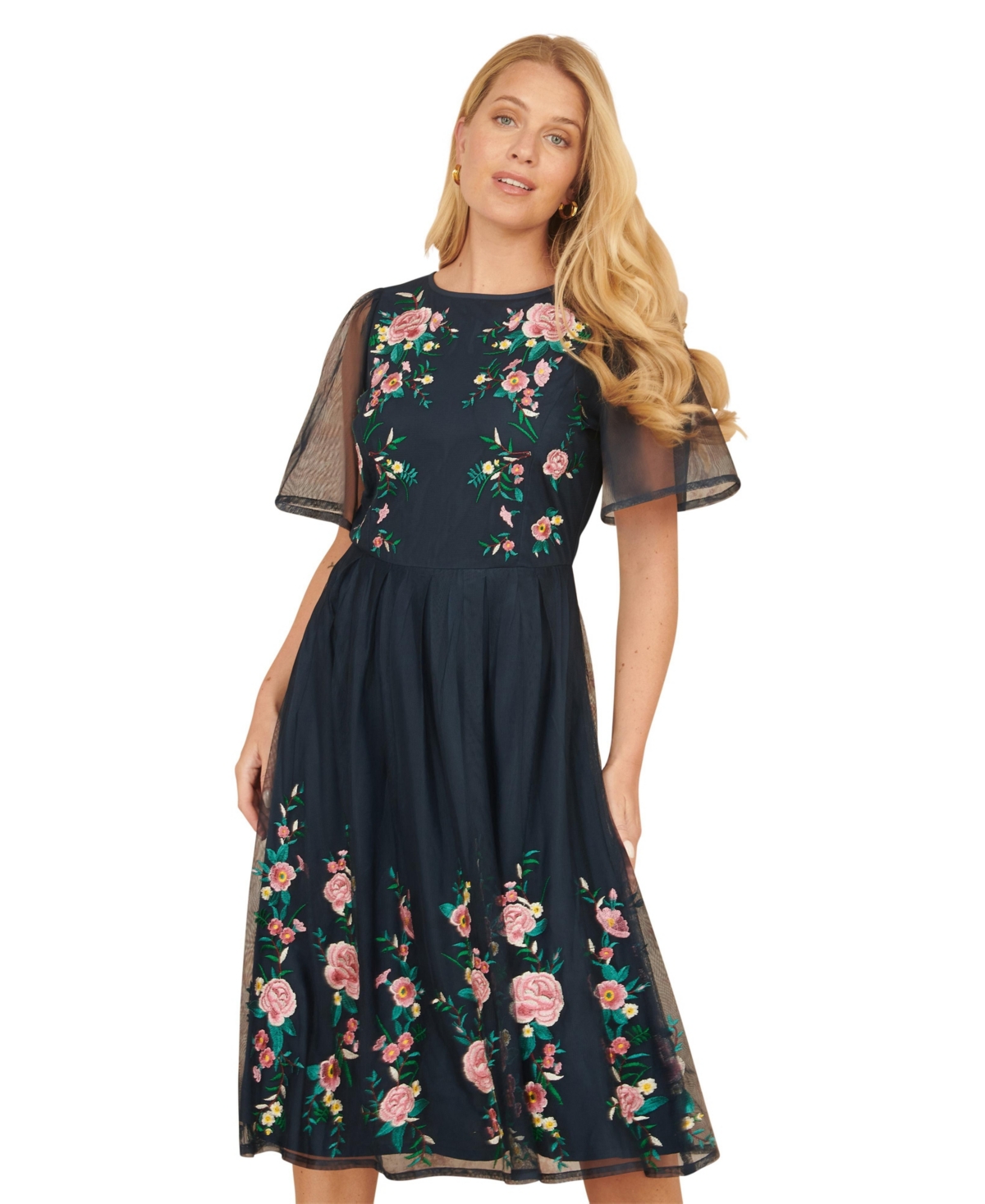 Yumi Women's Embroidered Mesh Sleeve Prom Dress