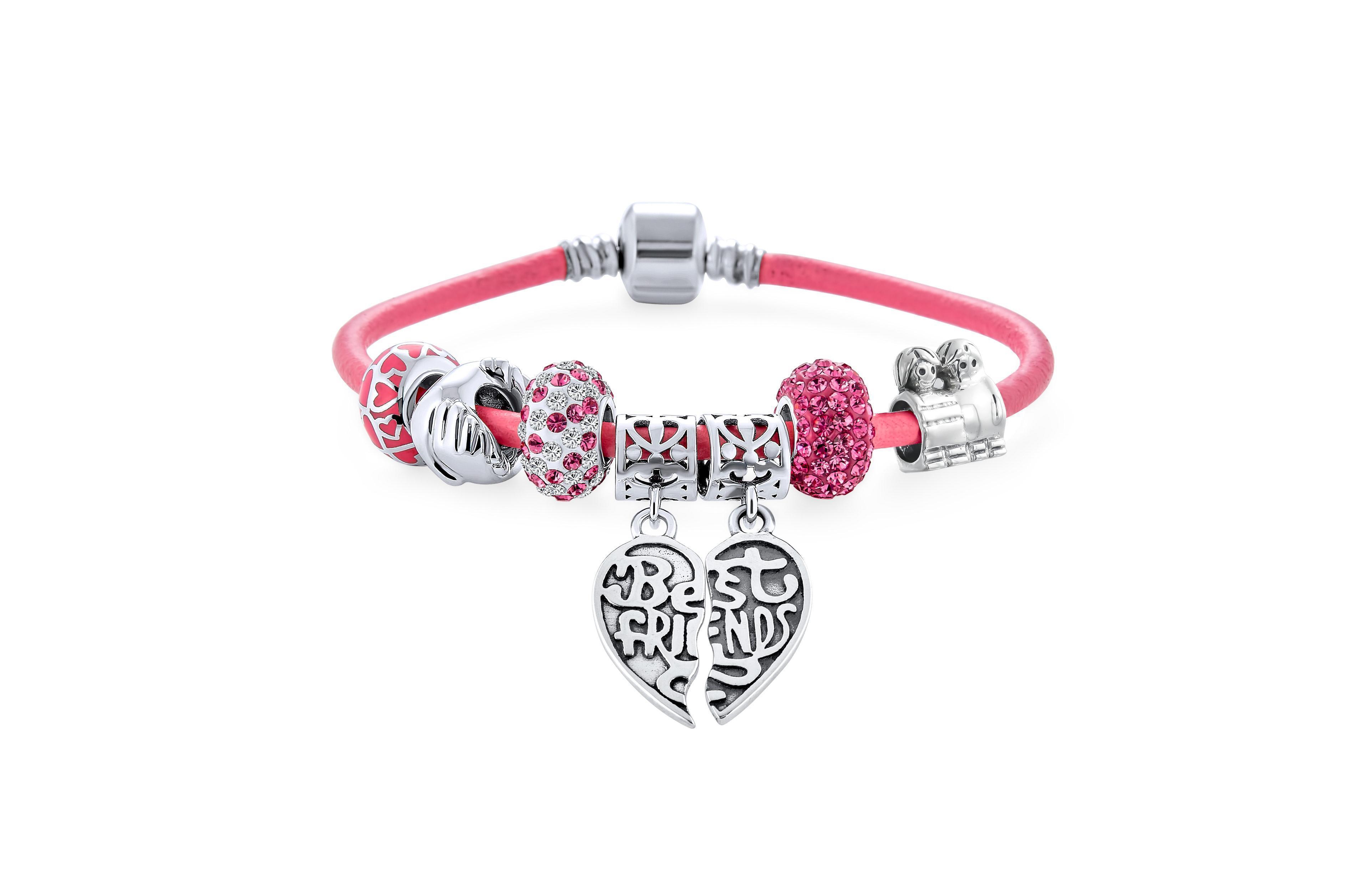 Bling Jewelry 2 Piece Best Friend Heart Charm Bracelet Pink Leather & Silver Clasp 6.5-8.5In