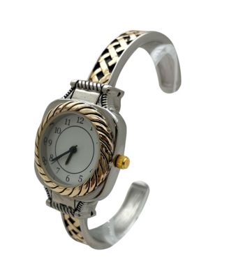 Detailed Elegant Metal Cuff Women Watch, Two Tone