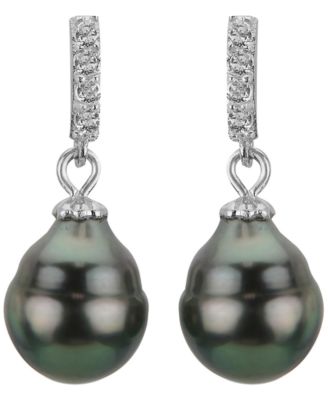 Cultured Tahitian Pearl (8-9mm) and Lab Created White Sapphire (0.152 ct. t.w.) Drop Earrings in Sterling Silver