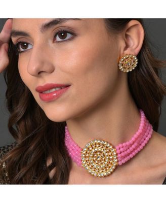 Women's Gold Plated Kundan Beaded Jewellery Set