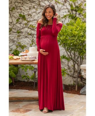 Maternity Pink Solid Off Shoulder Maxi Dress