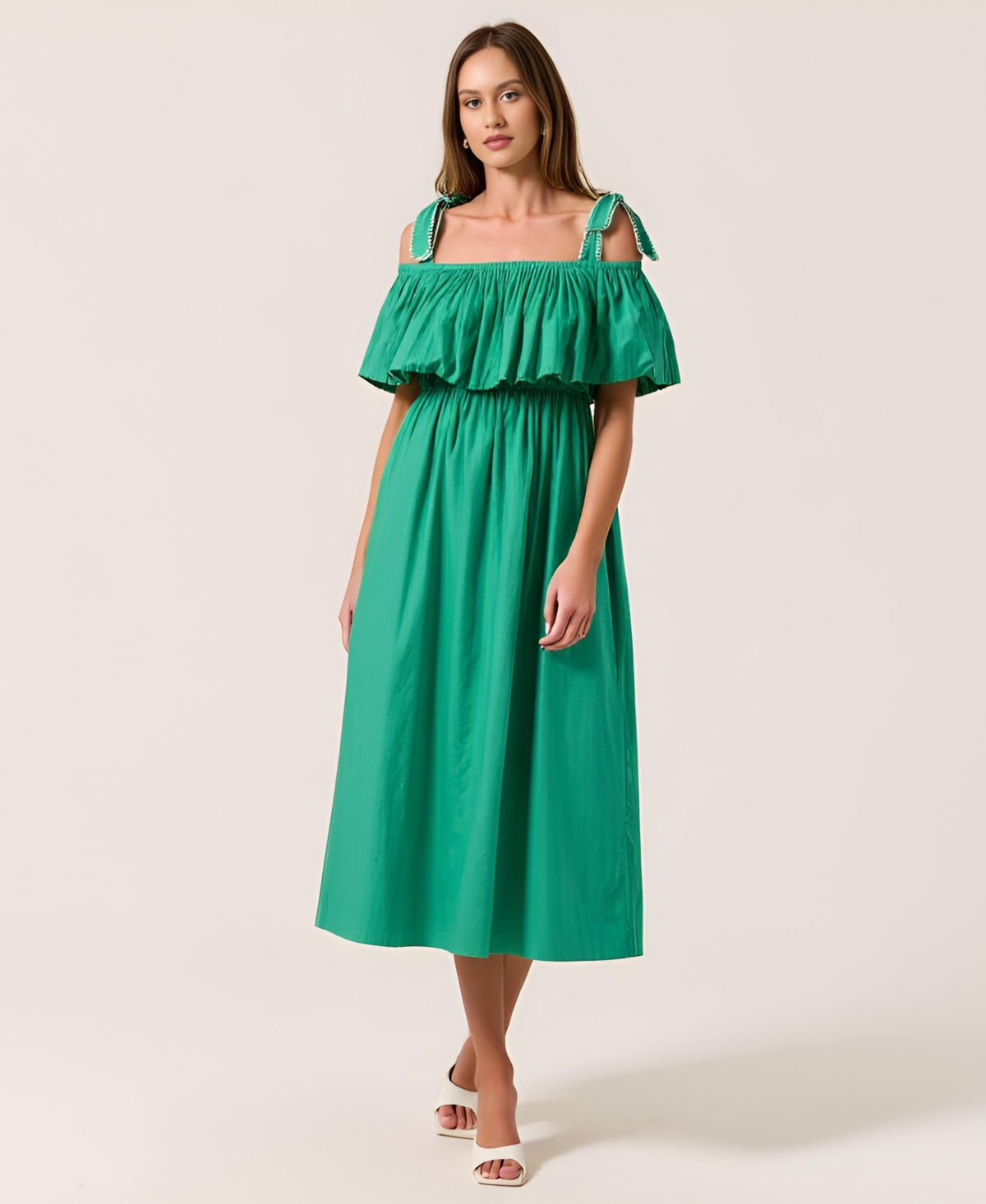 Modenaire Women's Off-Shoulder Ruffle Cotton Midi Dress