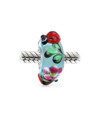 Set of 2 Bee & Ladybug Flower Murano Glass Charm Bead Sterling Silver