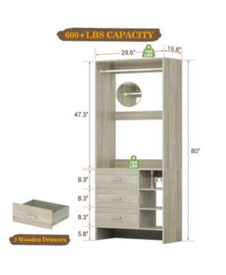 30" Freestanding Closet Organizer with Hanging Rods and Drawers, Closet System with Storage Shelves