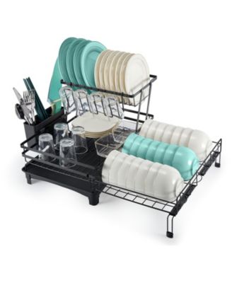 2-Tier Collapsible Expandable Dish Rack with Swivel Drain Spout and Rust-Resistant Stainless Steel Frame