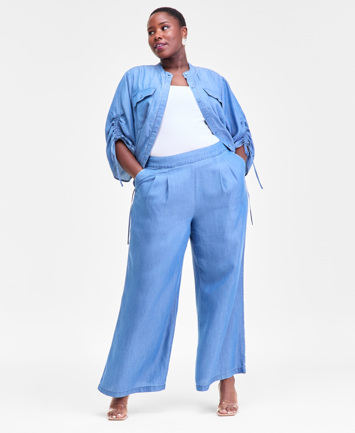 Inc International Concepts Plus Size Pull-on Wide-leg Chambray Pants, Macy's Exclusive In Blue