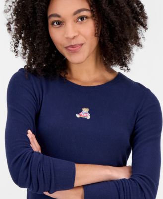 Juniors' Ribbed Long-Sleeve Embroidered Top