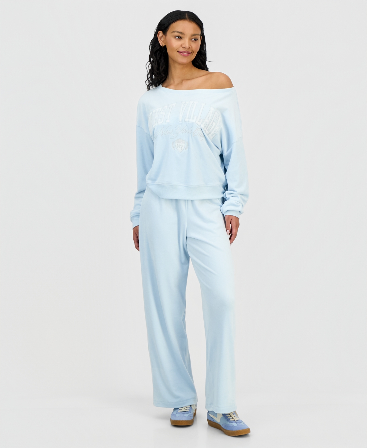 Grayson Threads, The Label Juniors' West Village Off-the-shoulder Velour Sweatshirt In Blue