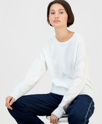 Juniors' Long-Sleeve Drop-Shoulder Lace Bow Crewneck Sweater