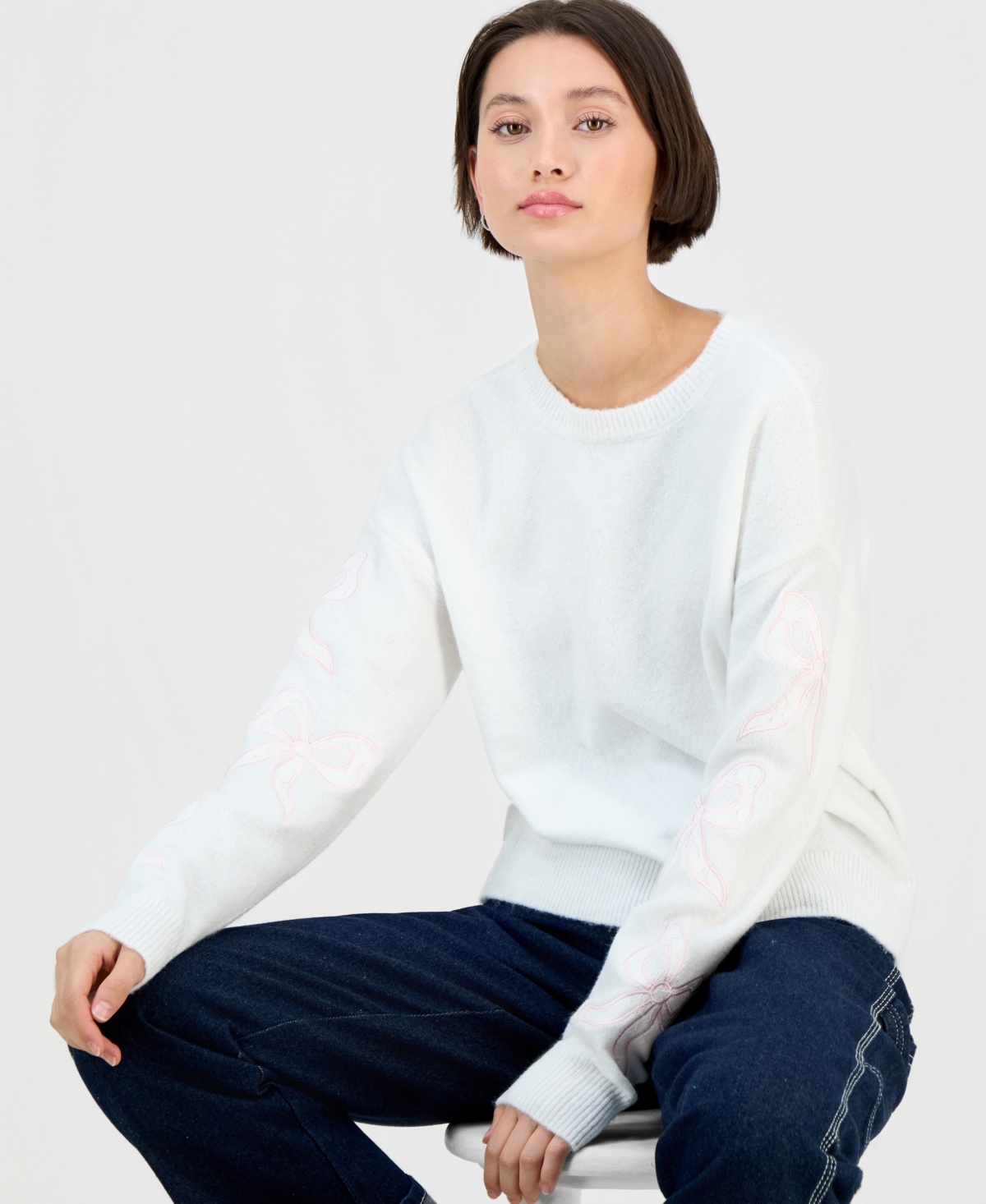 Planet Heart Juniors' Long-sleeve Drop-shoulder Lace Bow Crewneck Sweater In Gray