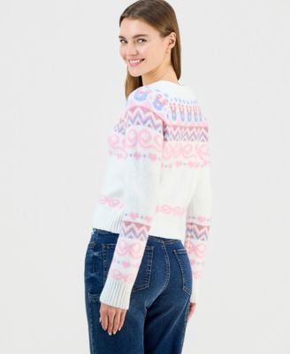 Juniors' Bow Fair Isle Cardigan Sweater