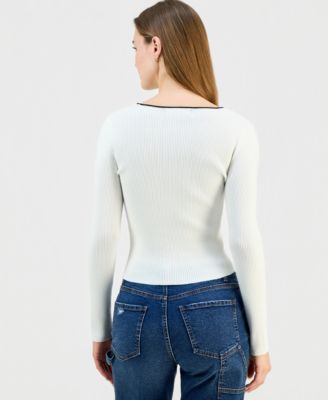 Juniors' Crewneck Bow-Trim Long-Sleeve Sweater 