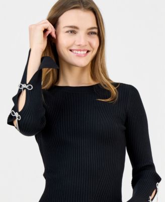 Juniors' Scoop-Neck Rhinestone-Bow-Trim Sweater 