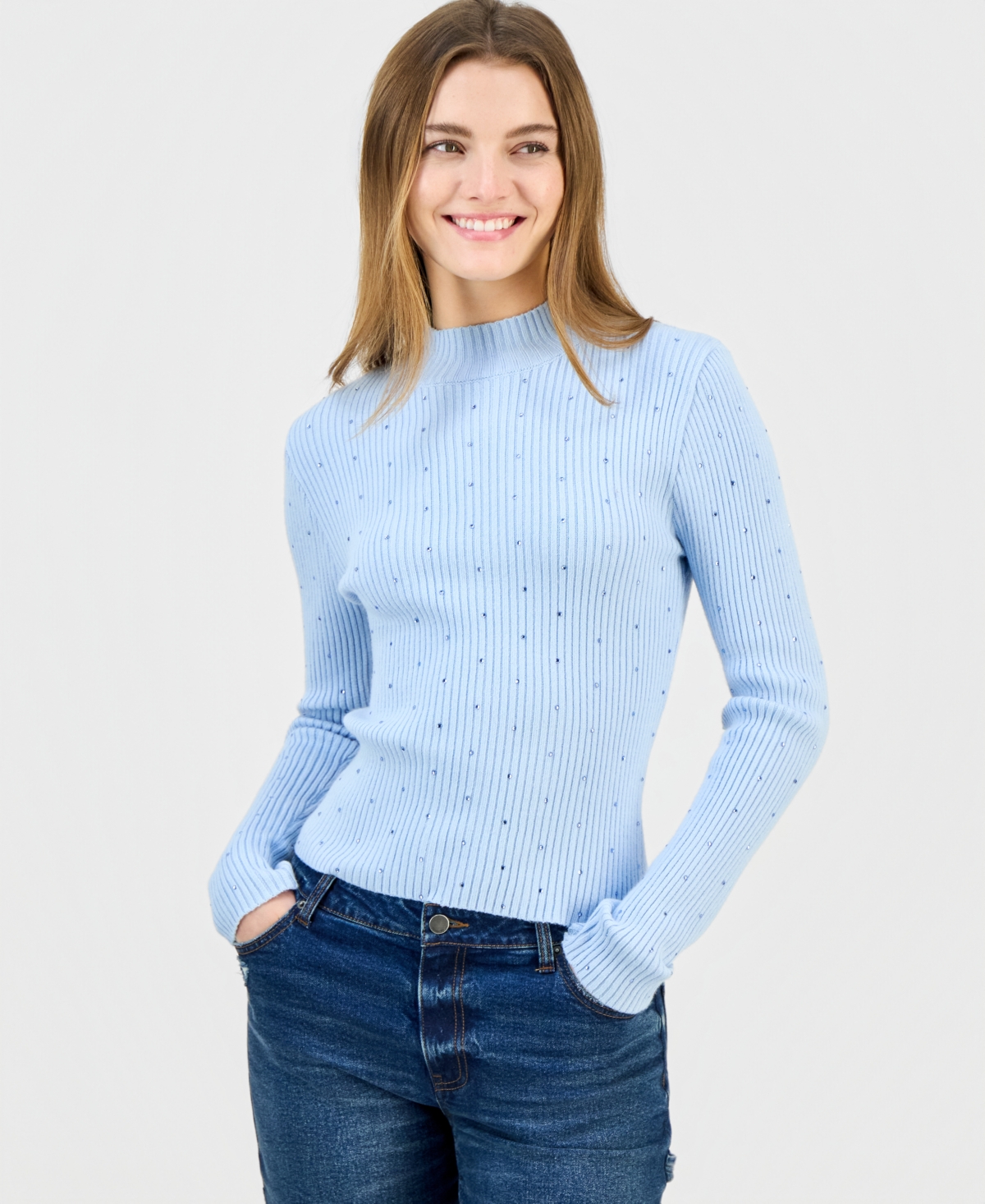 Madden Girl Juniors' Rhinestone Mock-neck Sweater In Blue