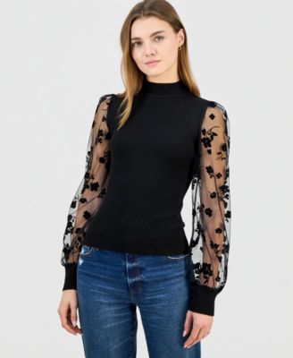 Madden Girl - Juniors' Mock-Neck Mesh Flocked-Sleeve Top