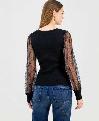 Juniors' Square-Neck Bow-Mesh Sleeve Top