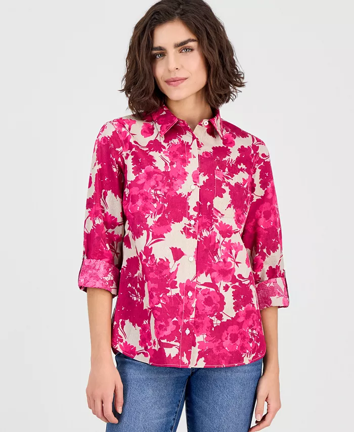 Nautica Women's Festival Floral Roll-Tab Cotton Shirt