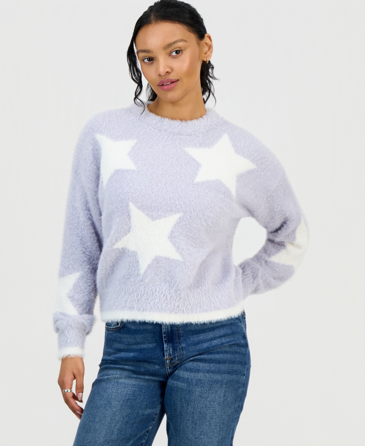 Hooked Up by Iot Juniors' Crewneck Long-Sleeve Eyelash Sweater